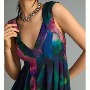 By Anthropologie Printed V-Neck Pleated A-Line Dress